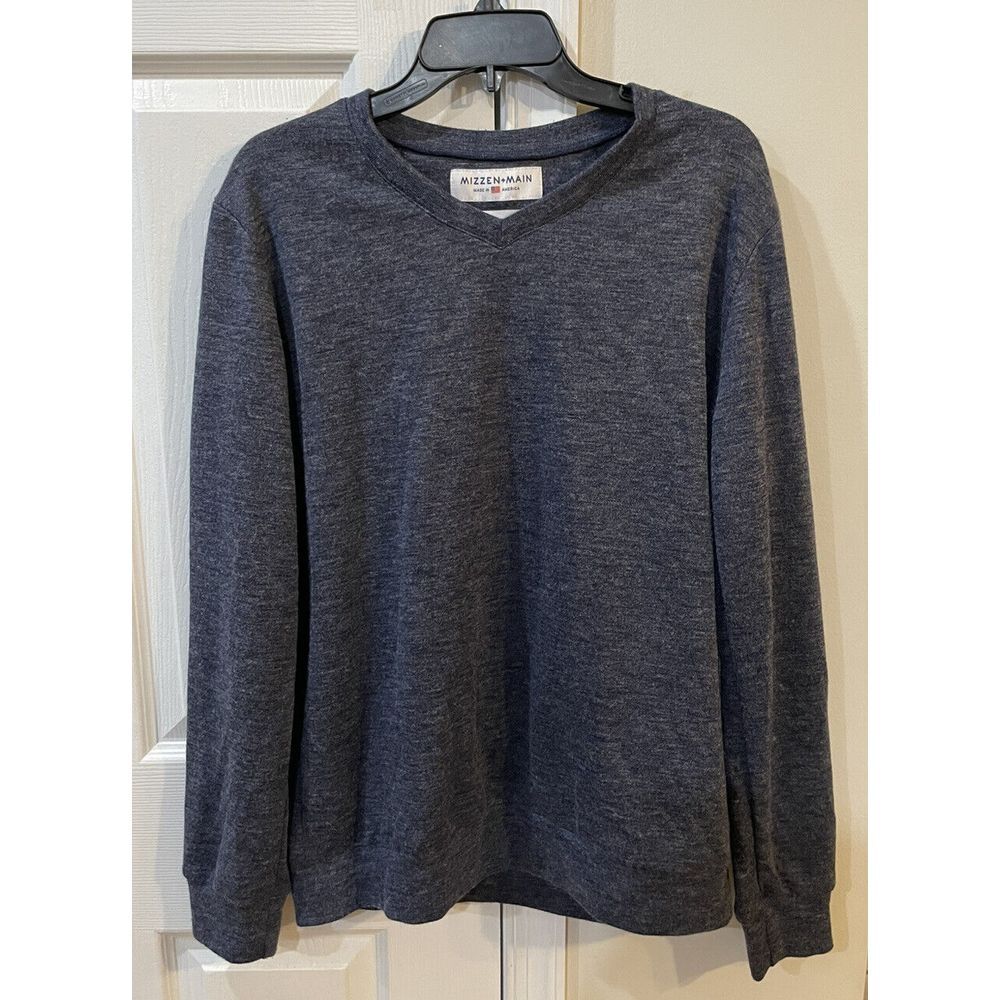 Mizzen Main Sweater‎ Mens L Blue Long Sleeve V Neck Trim Fit Knit Pullover Shirt